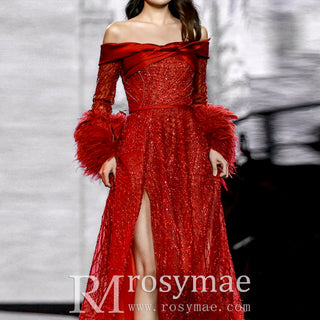 Off Shoulder Long Sleeve Leg Slit Red Evening Party Dress with Feather