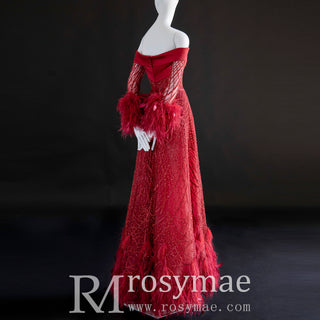 Off Shoulder Long Sleeve Leg Slit Red Evening Party Dress with Feather