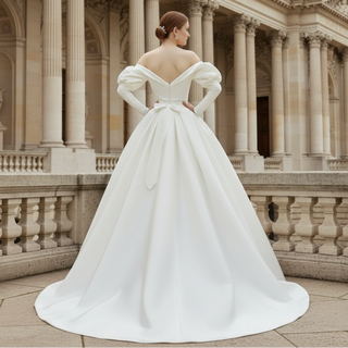Off the Shoulder Puffy Long Sleeve Satin Wedding Dresses