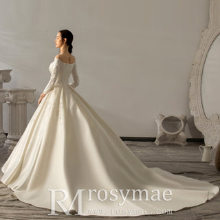 Ball Gown Satin Wedding Dresses with Off Shoulder Long Sleeve