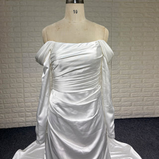 Off the Shoulder Long Sleeve Simple Ruched Wedding Dress Plus Size - Rosymae