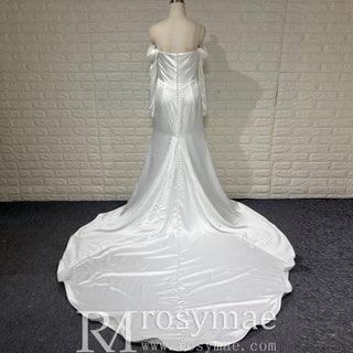 Off the Shoulder Long Sleeve Simple Ruched Wedding Dress Plus Size - Rosymae