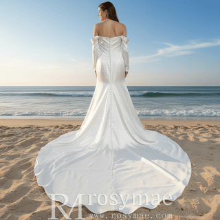 Off the Shoulder Long Sleeve Simple Ruched Wedding Dress Plus Size - Rosymae