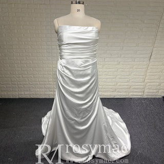 Off the Shoulder Long Sleeve Simple Ruched Wedding Dress Plus Size - Rosymae