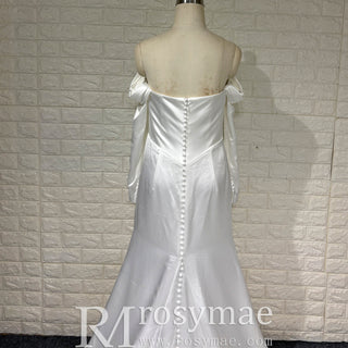 Off the Shoulder Long Sleeve Simple Ruched Wedding Dress Plus Size - Rosymae