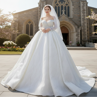 Luxury Beaded Ball Gown Wedding Dress with Off the Shoulder Long Sleeves