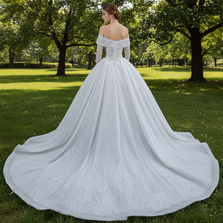 Luxury Beaded Ball Gown Wedding Dress with Off the Shoulder Long Sleeves
