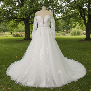 Classic Off the Shoulder Long Sleeve A-line Tulle Wedding Dresses