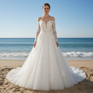 Classic Off the Shoulder Long Sleeve A-line Tulle Wedding Dresses