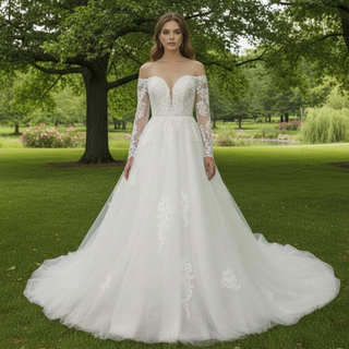 Classic Off the Shoulder Long Sleeve A-line Tulle Wedding Dresses