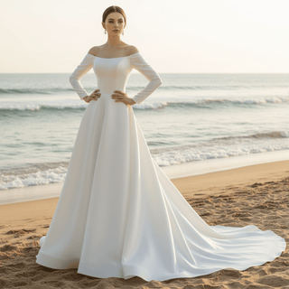 Off the Shoulder Long Sleeve Wedding Dress with Boat-neck - Rosymae