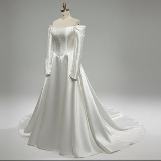 Off the Shoulder Long Sleeve Wedding Dress with Boat-neck - Rosymae