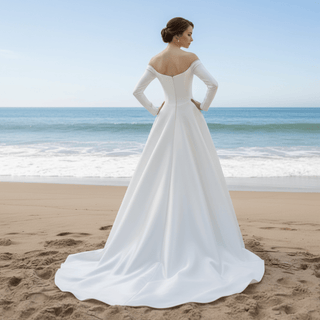 Off the Shoulder Long Sleeve Wedding Dress with Boat-neck - Rosymae