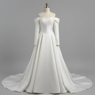 Off the Shoulder Long Sleeve Wedding Dress with Boat-neck - Rosymae