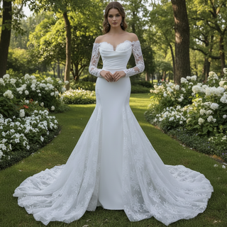 High-end Satin Lace Wedding Dress with Off the Shoulder Long Sleeve