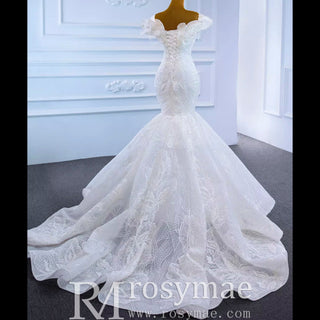 Off the Shoulder Mermaid Lace Trumpet Wedding Dress with Feather - Rosymae