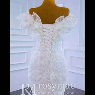 Off the Shoulder Mermaid Lace Trumpet Wedding Dress with Feather - Rosymae