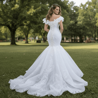 Off the Shoulder Mermaid Lace Trumpet Wedding Dress with Feather - Rosymae
