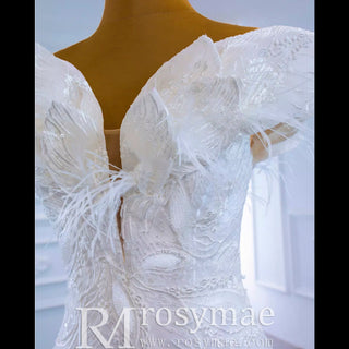 Off the Shoulder Mermaid Lace Trumpet Wedding Dress with Feather - Rosymae