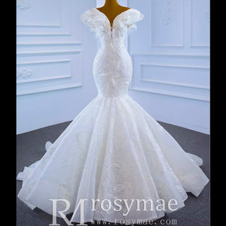 Off the Shoulder Mermaid Lace Trumpet Wedding Dress with Feather - Rosymae