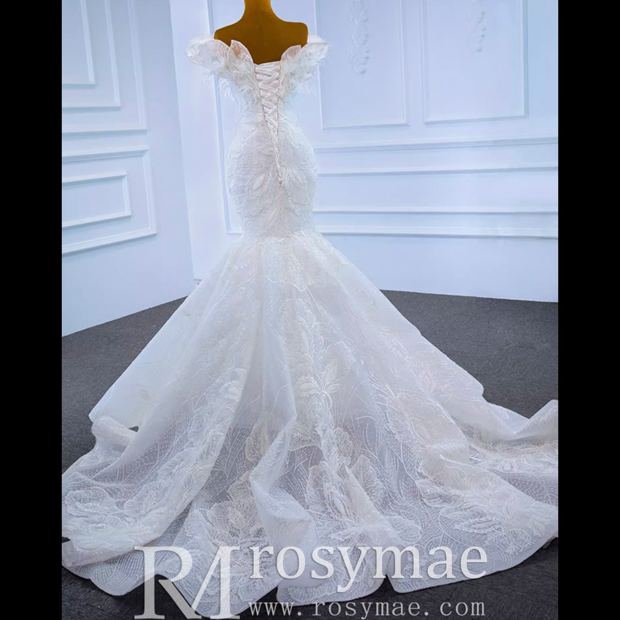 Off the Shoulder Mermaid Lace Trumpet Wedding Dress with Feather - Rosymae