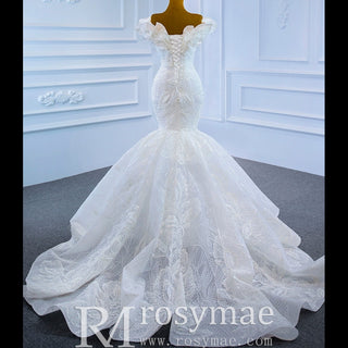 Off the Shoulder Mermaid Lace Trumpet Wedding Dress with Feather - Rosymae