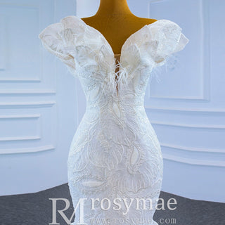 Off the Shoulder Mermaid Lace Trumpet Wedding Dress with Feather - Rosymae