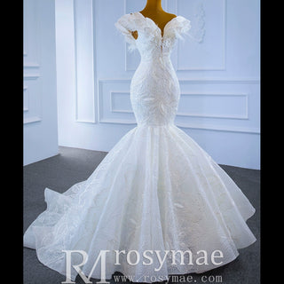 Off the Shoulder Mermaid Lace Trumpet Wedding Dress with Feather - Rosymae