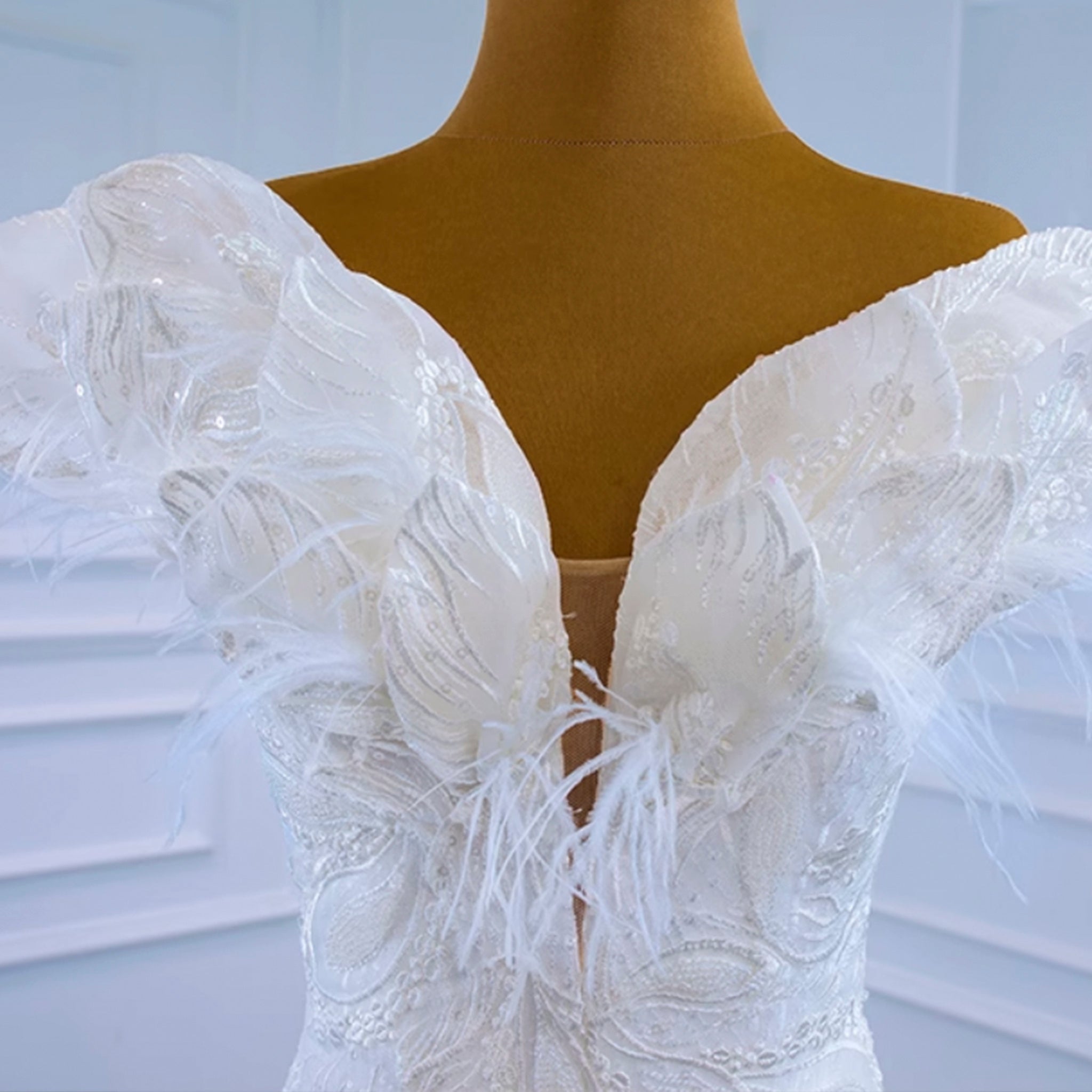 Off the Shoulder Mermaid Lace Trumpet Wedding Dress with Feather - Rosymae