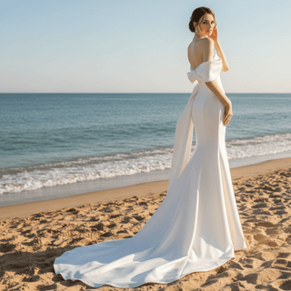 Off the Shoulder Mermaid Satin Wedding Dress with Slit - Rosymae