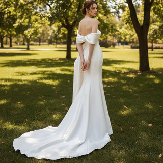 Off the Shoulder Mermaid Satin Wedding Dress with Slit - Rosymae
