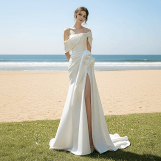 Off the Shoulder Mermaid Satin Wedding Dress with Slit - Rosymae