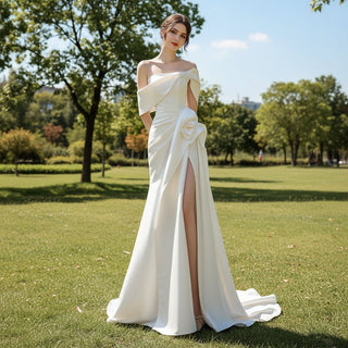 Off the Shoulder Mermaid Satin Wedding Dress with Slit - Rosymae