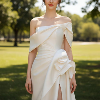 Off the Shoulder Mermaid Satin Wedding Dress with Slit - Rosymae