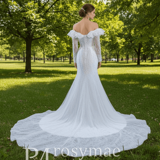Off the Shoulder Mermaid Wedding Dress with Long Sleeves - Rosymae