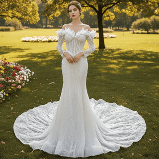 Off the Shoulder Mermaid Wedding Dress with Long Sleeves - Rosymae