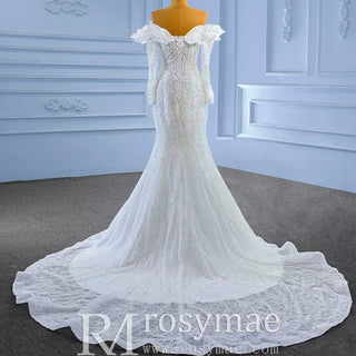 Off the Shoulder Mermaid Wedding Dress with Long Sleeves - Rosymae