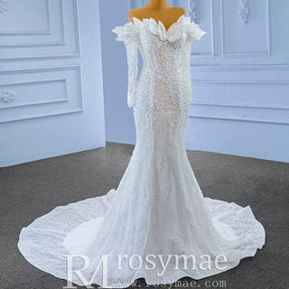 Off the Shoulder Mermaid Wedding Dress with Long Sleeves - Rosymae
