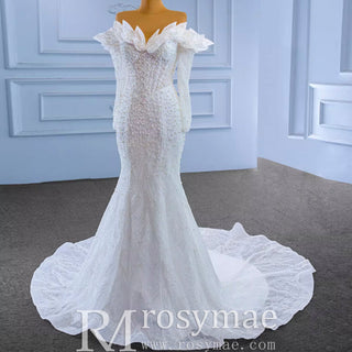 Off the Shoulder Mermaid Wedding Dress with Long Sleeves - Rosymae