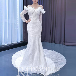 Off the Shoulder Mermaid Wedding Dress with Long Sleeves - Rosymae