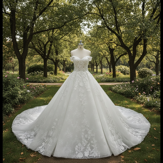 Elegant Off the Shoulder Mesh Wedding Dress with Sheer Bodice