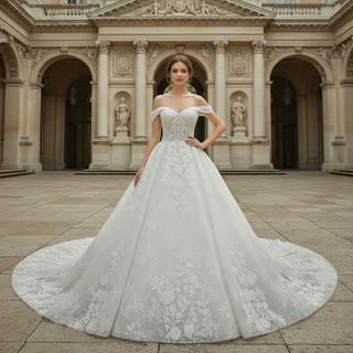 Elegant Off the Shoulder Mesh Wedding Dress with Sheer Bodice