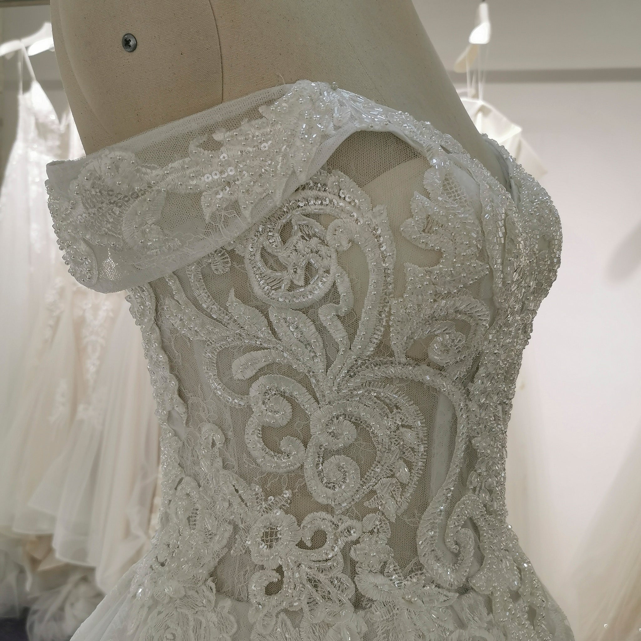 Elegant Off the Shoulder Mesh Wedding Dress with Sheer Bodice Rosymae Elegant Off the Shoulder Mesh Wedding Dress with Sheer Bodice Rosymae