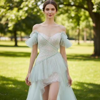 Off-The-Shoulder Mini Wedding Dress Above Knee with Train - Rosymae