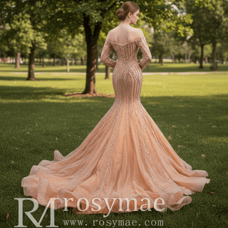 Off the Shoulder Pageant Dress Mermaid Wedding Dress with Long Sleeve - Rosymae