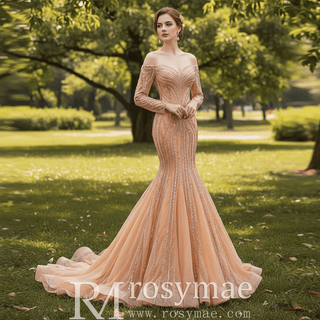 Off the Shoulder Pageant Dress Mermaid Wedding Dress with Long Sleeve - Rosymae