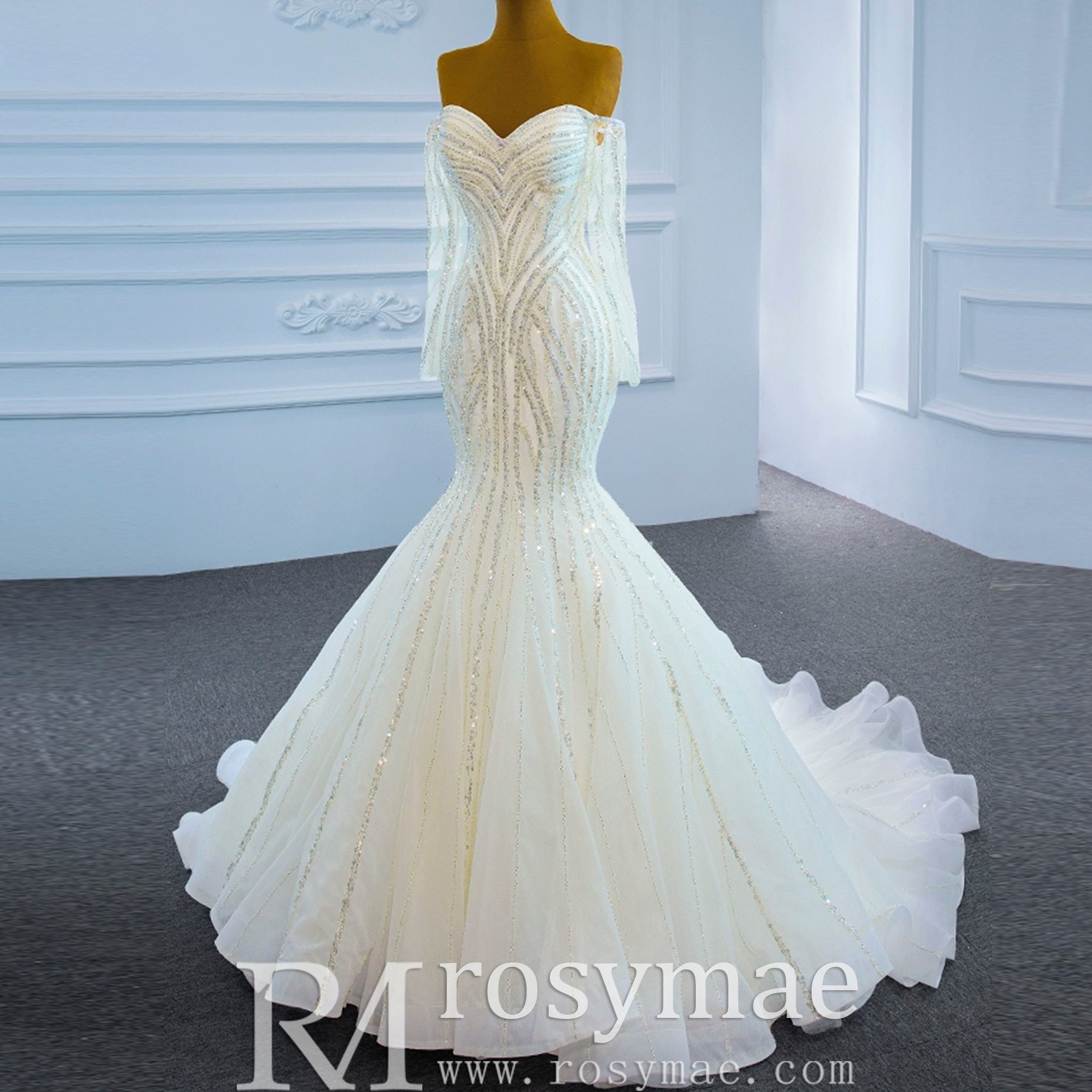 Off the Shoulder Pageant Dress Mermaid Wedding Dress with Long Sleeve - Rosymae