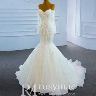 Off the Shoulder Pageant Dress Mermaid Wedding Dress with Long Sleeve - Rosymae
