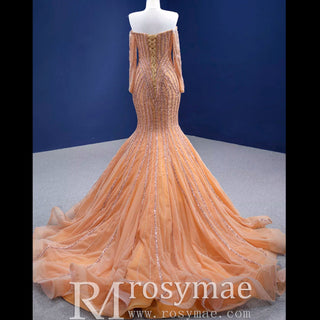 Off the Shoulder Pageant Dress Mermaid Wedding Dress with Long Sleeve - Rosymae