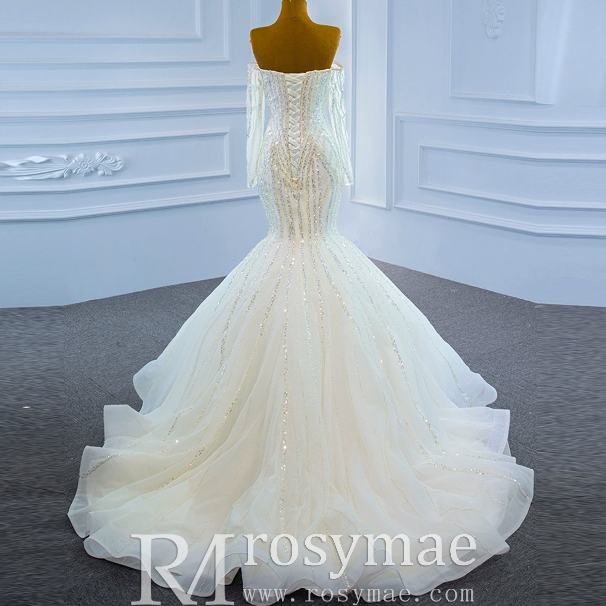 Off the Shoulder Pageant Dress Mermaid Wedding Dress with Long Sleeve - Rosymae